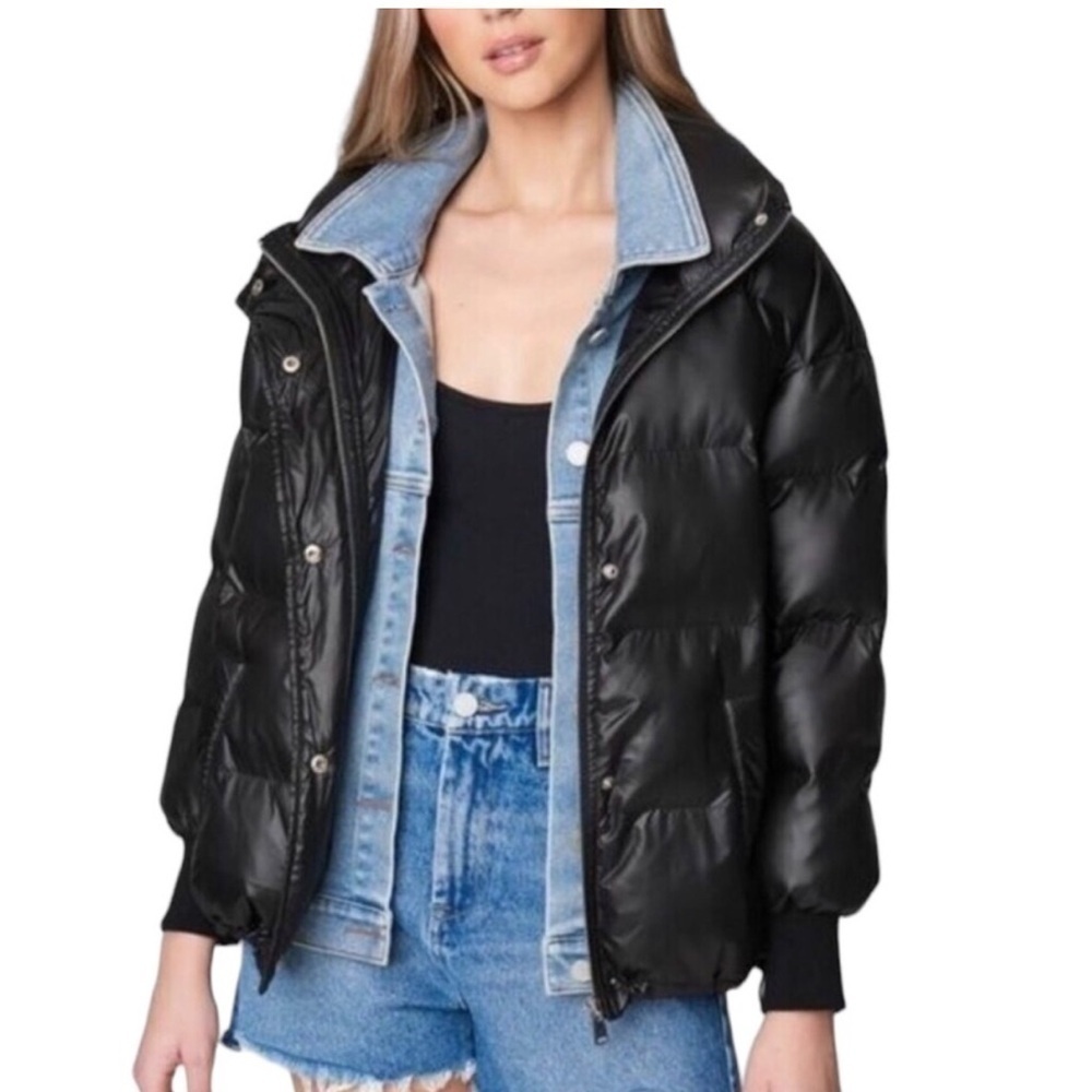 NWT Blank NYC Run The Show Black  Denim Quilted Puffer Jacket Size Medium